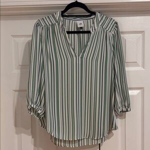 CAbi Green and White Vertical-Stripe Split V Blouse